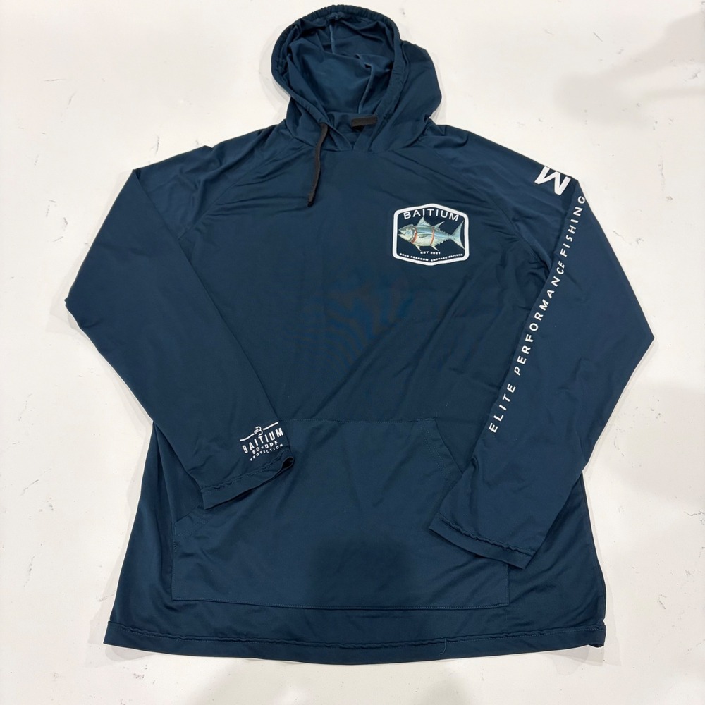 Baitium Mens Elite Performance Fishing Hoodie Navy Blue UPF 50+ Sun Shirt Medium